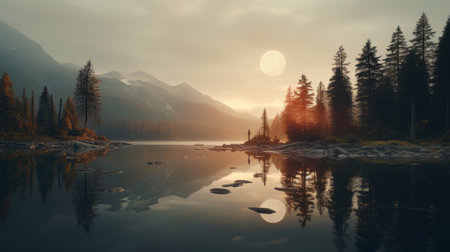 a breathtaking landscape featuring majestic mountains, lush trees, and a serene lake in the background. this photo captures the essence of eerie dreamscapes with its vray tracing and evocative environmental portrait style. the warm tonal range adds to the mesmerizing effect, while the hyper-realistic water and solarizing master technique create a whistlerian atmosphere. ai generatedの素材