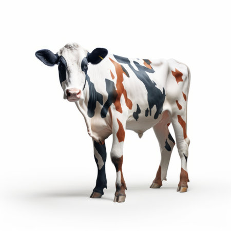 an old cow with white spots and black stripes stands out in this colorized photo, showcasing a unique blend of consumer culture critique and danish design. the zbrush technique brings out the intricate details, while the light white and orange hues add a touch of vibrancy. against a clean white background, this national geographic photo captures the essence of this captivating subject. ai generatedの素材