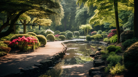 a serene garden scene featuring a picturesque pond surrounded by lush green trees. this captivating photo captures the essence of a renaissance-inspired chiaroscuro painting, with elements reminiscent of dutch landscapes and traditional british landscapes. the use of schlieren photography and ray tracing techniques adds a unique touch, while japanese-inspired motifs and exotic landscapes add a hint of intrigue. ai generatedの素材