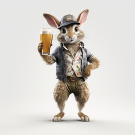 a rabbit, dressed in a traditional costume, holds a glass in his hand while striking a pose. this rendered image, created in cinema4d, showcases a unique blend of natural and man-made elements. inspired by the deutscher werkbund movement and adventure themes, this collaboration piece exudes a distinct caninecore aesthetic. ai generatedの素材