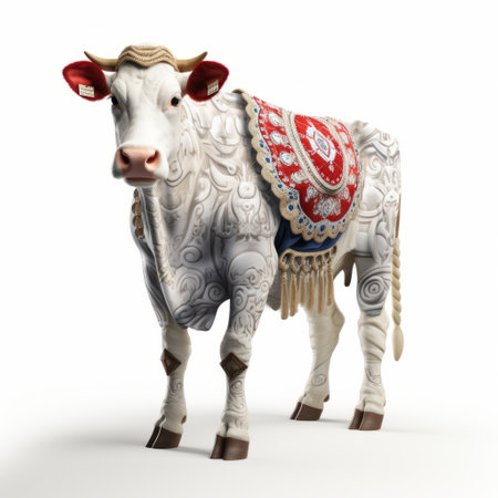 a cow adorned with a vibrant collar, showcasing intricate patterns and details reminiscent of zbrush. the cow's appearance is a blend of light white and red hues, resembling byzantine-style iconography. the photorealistic renderings of this cow, captured with an argus c3 camera, highlight the stunning artistry and the use of intel core technology. ai generatedの素材