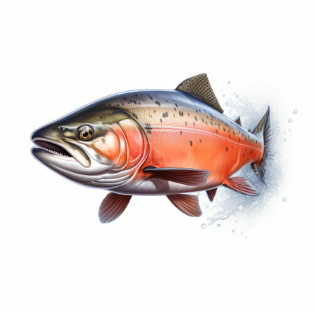 a photo of a salmon fishing scene featuring trout, sea trout, and goldfish. this photorealistic rendering showcases dynamic brushstrokes and color gradients, creating energy-filled illustrations. with a resolution of 32k uhd, these editorial illustrations are perfect for showcasing the beauty of fishing. rtx on technology enhances the visual experience. ai generatedの素材