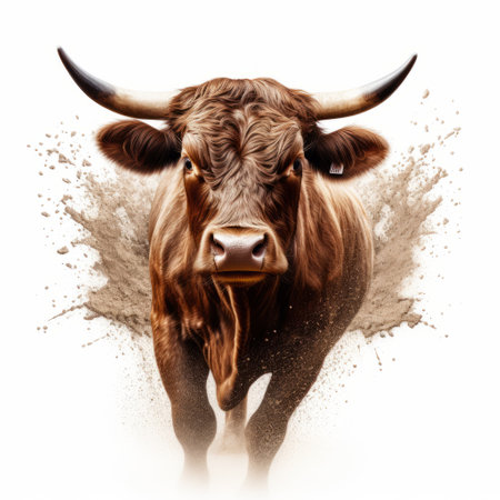 a brown cow, with expressive character designs, is captured running through the mud in a double exposure style. the illusionary spray paint art adds a unique touch to the intense color saturation of the image. against a white background, the cow's strong facial expression and tattoo-inspired features make for a captivating visual experience. ai generatedの素材