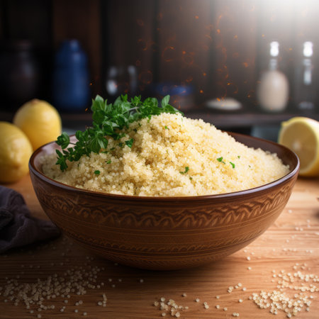 a vibrant and visually stunning image of a healthy couscous dish, beautifully captured with the tamron 24mm f/2.8 di iii osd m12 lens. the photo showcases the dish in a monochromatic harmony of light yellow and yellow hues, creating a visually appealing and appetizing presentation. the use of vray tracing enhances the details and textures, while the tenebrism-inspired lighting adds a touch of drama. theの素材