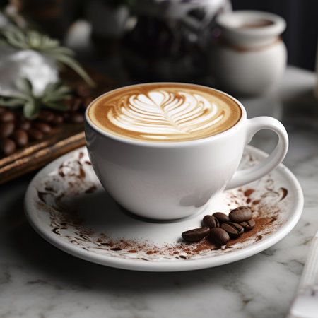 a table adorned with a cup of coffee, showcasing a captivating blend of dark brown and beige tones. this visually stunning image employs focus stacking techniques to capture intricate details. the marble surface adds a touch of elegance, while the high tonal range creates a striking visual impact. with its softly organic aesthetic, this commercial imagery stands out as a contest winner. ai generatedの素材