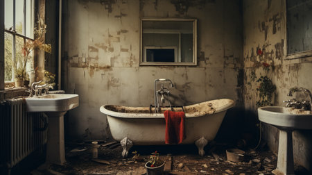 an abandoned bathtub and sink sit next to a window in a dark and spooky themed bathroom. the decaying landscape and working-class empathy are evident in the red and beige color scheme. this uniformly staged image captures the unpolished authenticity of the scene. enjoy the uhd quality of this hauntingly beautiful photo. ai generatedの素材