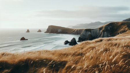 the photo captures a stunning view of the ocean, complemented by a grassy hill. it showcases a realistic landscape with soft, tonal colors and bathed in golden light. this documentary travel photograph beautifully romanticizes the wilderness. with its 8k resolution, it offers a detailed and immersive experience. the image also evokes the essence of traditional british landscapes and incorporates elements of maori art. ai generatedの素材