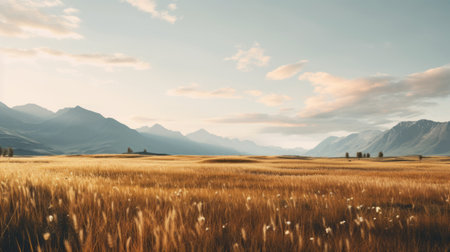a lone wheat field rests peacefully on the grass, nestled beneath the majestic peak of a mountain. this stunning photograph captures the essence of tonalist skies, with its warm beige and amber hues. with its romanticized depiction of wilderness, this uhd image in 8k resolution transports viewers to a world of natural beauty, reminiscent of a national geographic photo. ai generatedの素材