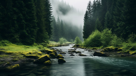 a green, slow-flowing stream meanders gracefully over moss-covered rocks, creating a serene and misty atmosphere. captured with a graflex speed graphic camera, this national geographic-style photo showcases the beauty of mountainous vistas. the realistic rendering of the landscape transports viewers into a photo-realistic world, reminiscent of forestpunk aesthetics. ai generatedの素材
