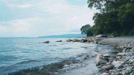 a scenic beach landscape featuring rocks and water in the background, captured with the artistic style of the voigtlander nokton 50mm f/1.5 aspherical lens. reminiscent of slovenian paintings, the image showcases a combination of light teal and gray tones. inspired by the hudson river school, this whimsical and playful scene invites viewers to embark on a travel journey, exploring both long and deep distances. aiの素材