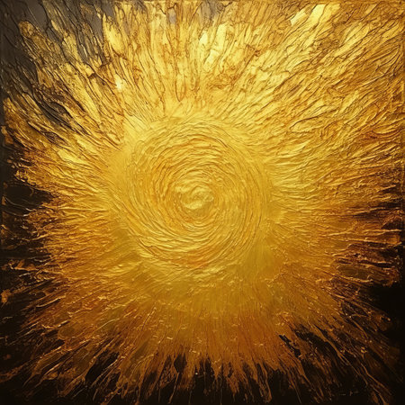 a gold painting on a black and gold background, featuring swirling vortexes and a realistic depiction of light. the style is reminiscent of sunrays shining upon the artwork. the harsh palette knife work adds texture and depth to the piece. this acrylic art draws inspiration from the works of barthel bruyn the elder and medardo rosso. ai generatedの素材