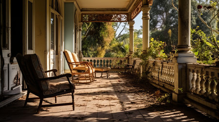 an abandoned porch showcasing old chairs on weathered benches, capturing the essence of tropical baroque and the gilded age. this national geographic photo, shot in 32k uhd, displays high-quality imagery with a touch of decorative artistry. the sunny impressionism adds to the allure of this captivating scene. ai generatedの素材