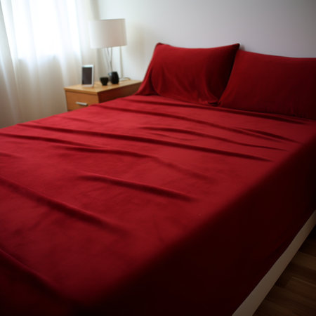 red sheet and duvet on bed, capturing the bold chromaticity of fujifilm pro 400h film. the composition is reminiscent of tivadar csontvry kosztka's pseudo-realistic style, with a touch of the cleancore aesthetic. the dark red and red tones evoke the artistic influence of the vancouver school. ai generatedの素材