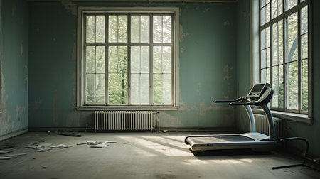 gym equipment sits in an abandoned area, bathed in natural light. this uhd image captures the essence of artists like billy childish, gabriel isak, and maia flore. the scene exudes a cottagecore vibe, with a touch of nostalgia. shot with a ricoh r1, this photo beautifully merges the elements of nature and fitness. ai generatedの素材