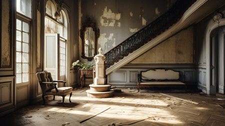 an old abandoned house in the woods of british europe. this abandoned country house is isolated and captured beautifully in this photography. the image showcases luxurious interiors with neoclassical figures, featuring a color palette of light teal and dark beige. the uhd image highlights the intricate details of the rococo interiors. ai generatedの素材