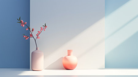 three pink vases, inspired by classic japanese simplicity, are placed on a white floor against a backdrop of blue backgrounds. the luminous 3d objects create a striking juxtaposition of light and shadow. this uhd image showcases nature-inspired imagery with its light gray and orange tones, as well as the harmonious combination of light white and light blue. ai generatedの素材