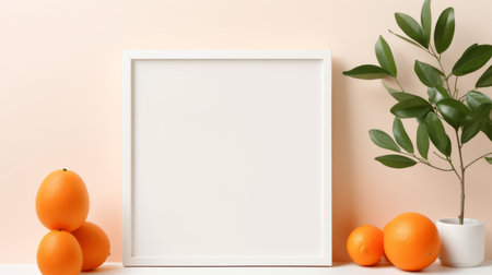 a white frame with oranges and a plant is placed near it on a peach wall, creating a minimalist background. this grocery art piece showcases a minimalist stage design, with lifelike renderings and anime-influenced elements. the spot metering technique enhances the overall composition, making it visually captivating. ai generatedの素材