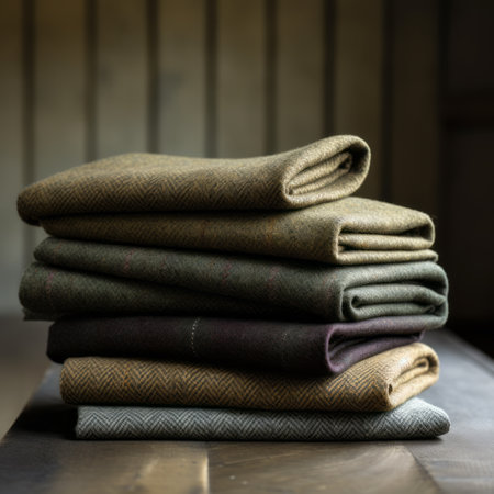four brown tweed shirts neatly stacked on a wooden table. the shirts showcase a stylish combination of light violet and dark green, captured beautifully on 70mm film. the photo features a color palette of dark yellow and dark green, with a composition that incorporates frequent use of diagonals. the image evokes a sense of traditional british landscapes and showcases the luxurious fabrics and unpolished authenticityの素材