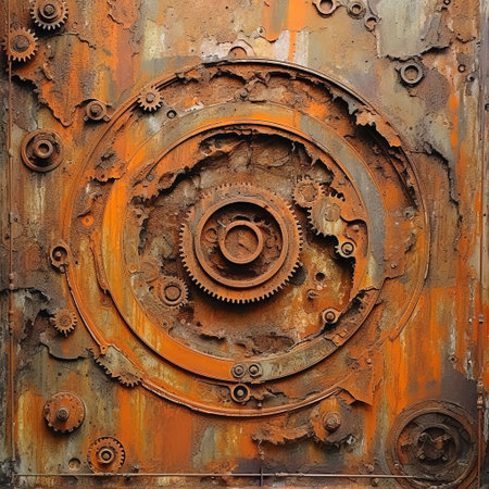 metal wall adorned with gears and gears, showcasing earthy expressionism. the dark orange hue adds a touch of realism, while the meticulous details and textural paint effects create a captivating visual experience. circular shapes evoke a post-apocalyptic world, making this artwork a stunning example of realist detail. ai generatedの素材
