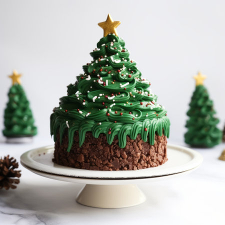a green christmas cookie tree with frosting sits on a plate, showcasing detailed patterns. the cookie tree, in the style of unreal engine 5, features a dark brown and gold color scheme. captured with a tokina at-x 11-16mm f/2.8 pro dx ii lens, this installation-based image is bold and dynamic, with a m42 mount. ai generatedの素材