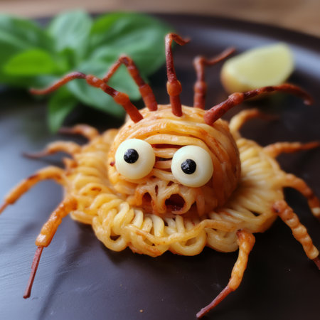 a photo of a halloween-inspired pasta dish with a creative twist, captured in the unique style of elke vogelsang. the image is taken using a fish-eye lens, adding a sensationalist touch to the composition. the dish showcases bbq flavors and is perfect for halloween fun. keywords: pasta, spider, bbq dish, halloween, elke vogelsang, fish-eye lens, sensationalist. ai generatedの素材