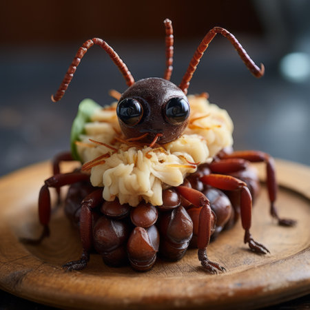 an art sculpture featuring ants at its center, inspired by extravagant table settings. the sculpture showcases cartoonish character design, with a color palette of dark crimson and brown. it incorporates realistic animal portraits and is uniquely crafted from cheese. captured using the samyang af 14mm f/2.8 rf lens, the sculpture exudes a lovecraftian vibe. ai generatedの素材