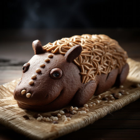 a bun resembling a hippopotamus is captured in this kitchen still life photograph. the image showcases stylized animal motifs, spiky mounds, and a swiss style aesthetic. with elements of rusticcore and a photorealistic pastiche, the composition also incorporates tachisme techniques. ai generatedの素材