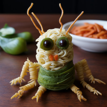 a pile of noodles in a spider form sits next to a pot of noodles, showcasing vibrant orange and green colors. the noodles are creatively shaped like a spider, resembling a raw character. the unique carving technique used to create this dish is made of cheese and avocado, resulting in an avant-garde fusion of avocadopunk, assemblages, and carcore elements. ai generatedの素材