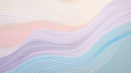 an abstract pattern of white, blue, violet, and lavender waves creates a visually captivating composition. the style resembles light pink and light orange hues, resembling relief sculpture and textured minimalist abstractions. the colorful woodcarvings feature a combination of light sky-blue and light yellow tones. this uhd image showcases the intricate details of a mesmerizing mural painting. ai generatedの素材