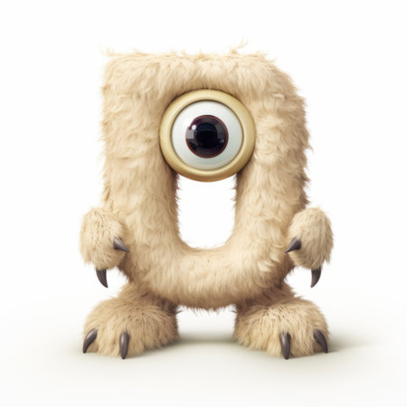 an animated letter d with long, furry fur, featuring shiny eyes and captured through a wide-angle lens with a topcor 58mm f14. this inventive character design showcases a gigantic scale and is adorned with light white and beige colors. the d stands among otherworldly creatures, creating a visually captivating scene. ai generatedの素材