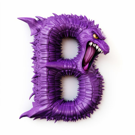 the godzilla letter b is a hyperrealistic purple monster with sharp and edgy compositions. its eyes and tongue add a touch of realism to its appearance. created using bryce 3d software, this creature resembles a marine life form. the design incorporates elements of figura serpentinata and the mythical creature, manticore. this artwork showcases the artist's mastery of lettering and can be found on their website.の素材