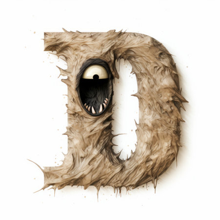 the photo showcases a unique letter "d" crafted from a combination of dirt and sand. it features intricate feather-like details, a horror-inspired and expressive character design. the image combines elements of wildlife photography and digital art techniques, with shiny eyes and rough textures adding to its overall appeal. ai generatedの素材