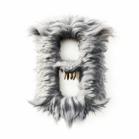 a hairy letter illustration of a cartoon furry monster, resembling a b-type creature. the artwork is done in the style of frostpunk, featuring hyperrealistic wildlife portraits. the monster is depicted on a white background with a sleek metallic finish, giving it a demonic appearance. the photograph showcases exquisite detail, resembling a soft sculpture. ai generatedの素材