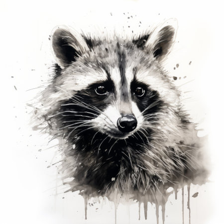 a wild raccoon captured in a photo, showcasing expressive brush strokes and spray painted details. this minimalistic portrait combines photo-realistic techniques with the artistic styles of aquarellist, precisionist art, and street art characters. ai generatedの素材