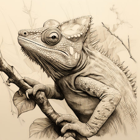 a chameleon lizard is depicted in this old hand sketch, showcasing a realistic hyper-detailed portrait. the sepia tone adds a vintage touch to the artwork, while the highly detailed foliage surrounding the lizard creates a mysterious jungle atmosphere. the artist's skill in detailed sketching and the use of zbrush software is evident in this captivating piece by kazimierz dbrowski. ai generatedの素材