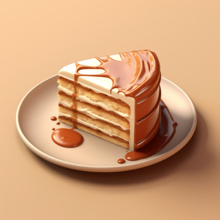 a 3d model of a cake slice with a delicious topping of hazelnut or caramel. this speedpainting-style depiction captures the essence of everyday life with its multi-layered design. the website showcases this hyper-realistic creation, featuring warm tones that evoke a cozy and inviting atmosphere. the cake appears moist and tempting, while the accompanying hyper-realistic animal illustrations add a touch of whimsy to the scene. aiの素材