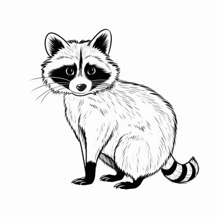 a black raccoon is depicted in this image, showcasing a charming and hyper-realistic illustration style. the artwork features black and white line work, with light white and light maroon accents. the raccoon is portrayed in full body, with rounded features, reminiscent of stencils. ai generatedの素材