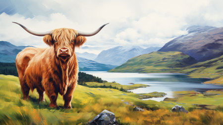 a brown hairy animal, resembling a scottish landscape, stands in a field with water nearby. the hyper-realistic animal illustration captures the colorful panoramic scale of the indigenous culture and mountainous vistas. the image evokes a sense of awe and appreciation for the natural beauty, while also highlighting the importance of preserving the ivory. ai generatedの素材