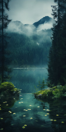 a serene pond with calming and introspective aesthetic, featuring dark green and light aquamarine water. this captivating wallpaper captures the beauty of a peaceful pond surrounded by mountainous vistas. the webcam photography showcases a juxtaposition of dark turquoise and light brown tones, creating a soothing and visually appealing swiss-style composition. ai generatedの素材