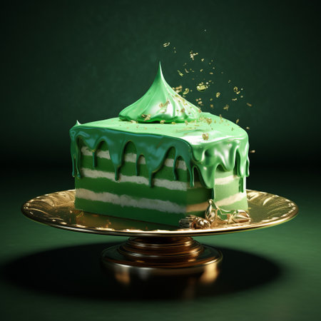 a green cake sits on a golden plate, showcasing a surrealistic design rendered in cinema4d. the image features liquid light emulsion and layered gestures, creating a misty and dreamlike atmosphere. with a monochromatic color scheme, this visually captivating creation was rendered in unreal engine, adding to its unique and artistic appeal. ai generatedの素材