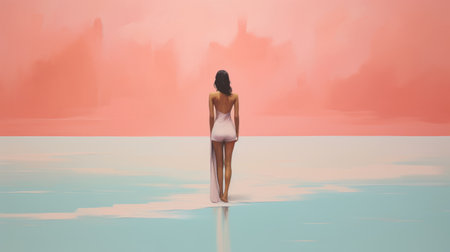 a woman stands in the water under a stunning sunset, surrounded by a hyper-realistic oil painting in light teal and light pink. this colorful minimalistic artwork draws inspiration from the chicago imagists movement, showcasing exotic landscapes. the frontal perspective captures the serene beauty of the scene, with a harmonious blend of light pink and light orange hues. ai generatedの素材