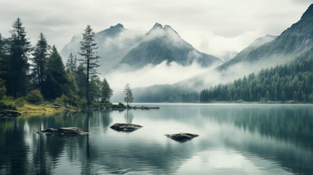 mountains reflecting in a large lake in the alps, showcasing the hazy romanticism style. the image captures the atmospheric woodland scenery with a blend of teal and gray tones. the soft edges and atmospheric effects add to the ethereal beauty. reminiscent of the works of ephraim moses lilien, the misty atmosphere creates a captivating ambiance. this stunning photo is presented in 8k resolution, ensuring exceptionalの素材