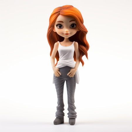 a model girl with red hair and a pair of pants is captured in this photo. the style of the image is reminiscent of detailed character design, with fine details showcased. shot on 70mm film, the photo features a cartoon mis-en-scene, predominantly in orange and gray tones. the overall aesthetic is clean, streamlined, and influenced by jcore. ai generatedの素材