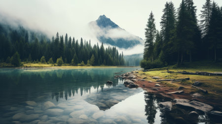 a majestic tree stands tall beside a serene lake, enveloped by ethereal clouds and mist. this breathtaking landscape, reminiscent of mountainous vistas, captures the essence of adventure and the beauty of nature. with its 8k resolution, this swiss-style scene showcases the vibrant hues of dark green and aquamarine, creating a truly mesmerizing outdoor experience. ai generatedの素材
