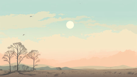 a desolate, adventure-themed landscape captured in 8k resolution. this tonalist-style photo showcases a grassy area devoid of trees, with birds soaring through the cyan sky. the minimalistic drawings and light brown hues create a fictional, yet captivating atmosphere in this vast and serene landscape. ai generatedの素材