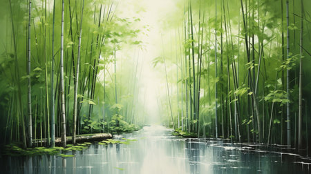 a painting of a bamboo jungle with water flowing through it, capturing a soft and dreamy atmosphere. the scene is serene and tranquil, with sharp brushwork bringing out the vibrant and airy scenes. the artist has skillfully created soft edges and atmospheric effects, resulting in a highly detailed environment filled with lush greenery. ai generatedの素材
