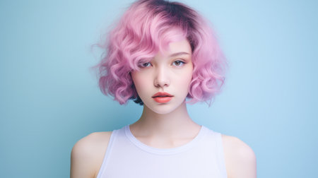 a beautiful girl with blue colored hair poses in a japanese influenced style, showcasing light pink and light magenta tones. the explosive pigmentation of her hair creates a vibrant and eye-catching look. her wavy bob hairstyle, designed by ringwood, complements the monochromatic color scheme, resulting in a striking and unique appearance. ai generatedの素材