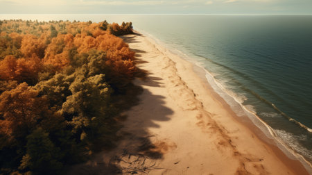 aerial panoramic view of a tree-covered beach in autumn, rendered in the cinematic style of cinema4d. the warm tones and photorealistic details captured with a graflex speed graphic camera create a classical landscape. the moody and tranquil scene is enhanced by the contrasting shadows, offering a captivating and immersive experience. ai generatedの素材