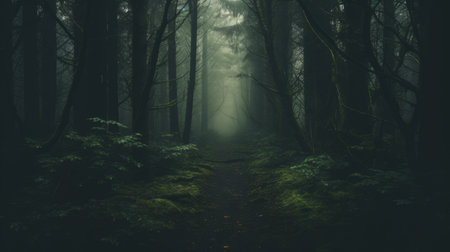 a dark and moody landscape photograph captured by michael shainblum, featuring a path winding through the forests. the image showcases the eerie ambiance with lights shining through, creating a frightful folklore atmosphere. the dark gray and emerald tones add to the misty gothic feel of the scene. shot with a ricoh gr iii, this landscape-focused photograph is captivating and mysterious. ai generatedの素材