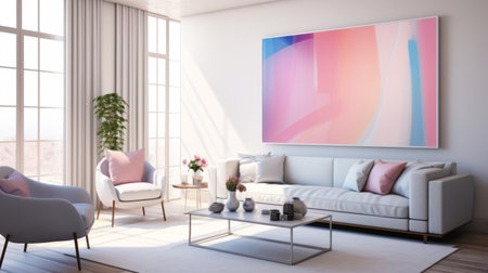 a large-scale painting in light violet and light pink hues hangs over a couch in an interior living room. the solarizing master artwork features clean lines and pure forms, creating a bold and colorful statement. the calming color palettes and light-filled composition add a sense of tranquility to the space. this high-resolution 8k painting is a stunning addition to any room. ai generatedの素材